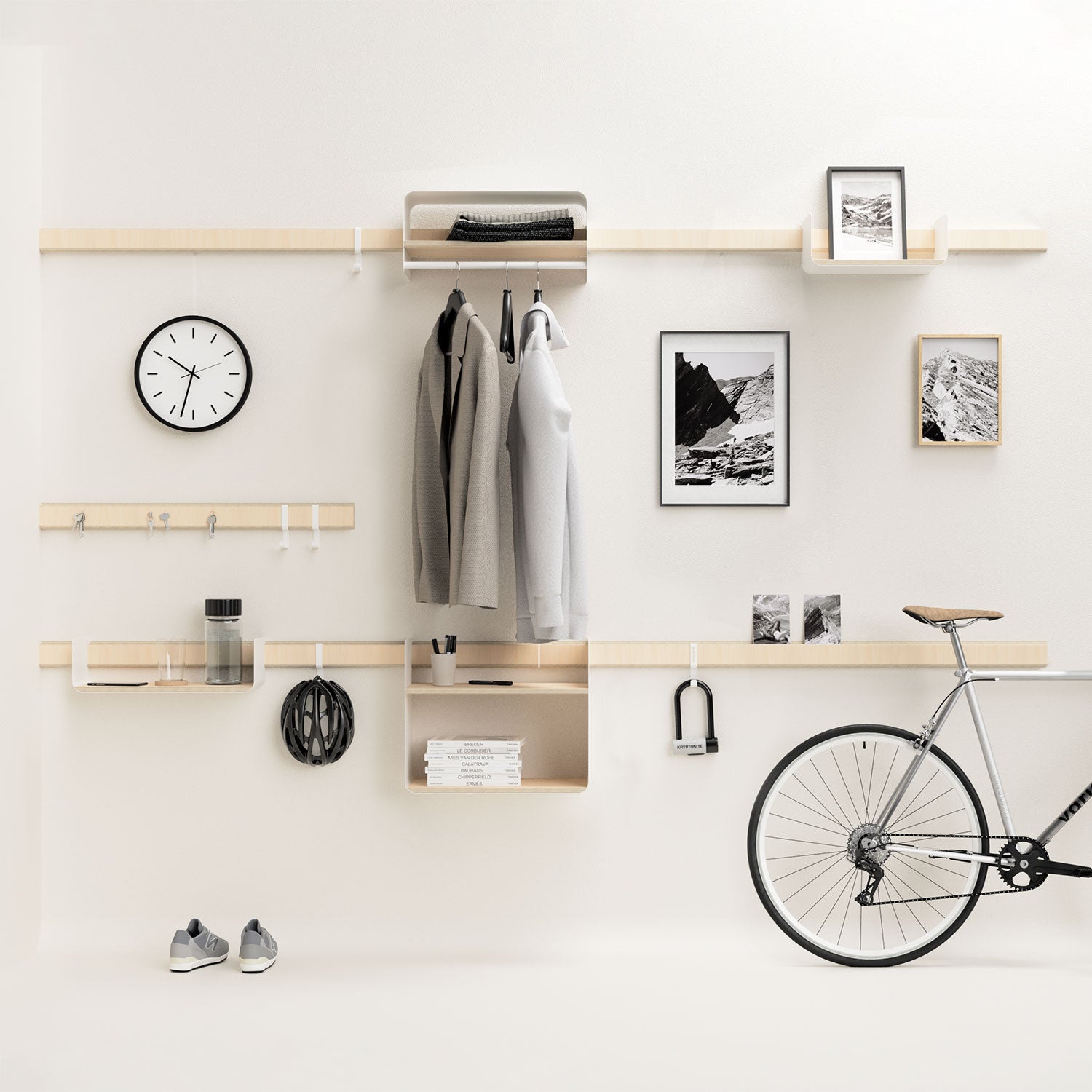 Wandgarderobe für den Eingangsbereich mit eleganten Wandregalen und Kleiderstangen von Variand