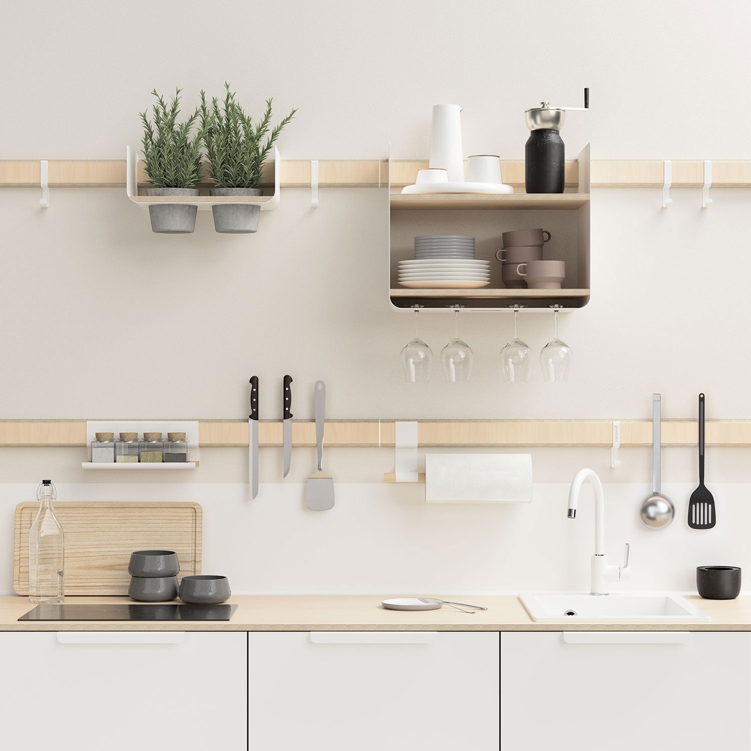 Küchenwand mit Küchenzeile und eleganten Hängeregalen für Geschirr, Weingläser und Küchenkräuter von Variand